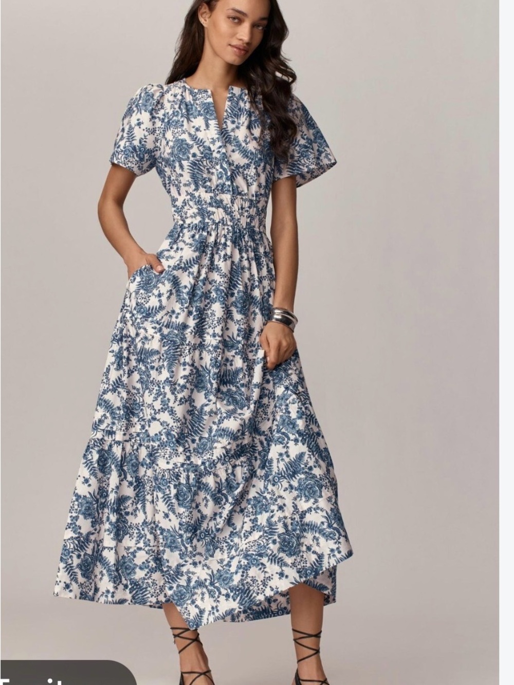 Anthropologie Blue Floral Dress with Smocked Waist